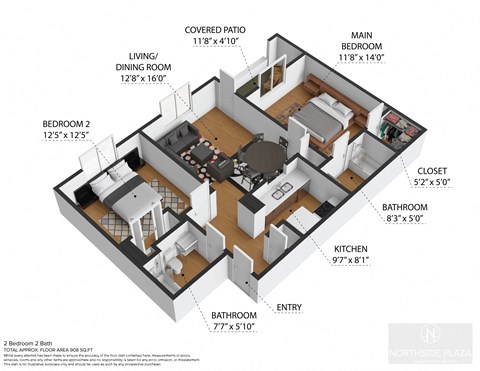 Floor plan for 2 beds, 2 baths, 867 sqft